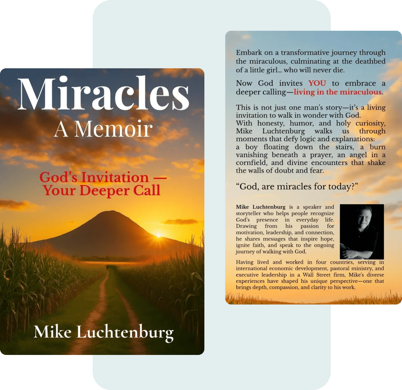 Book cover of 'Miracles: A Memoir' by Mike Luchtenburg featuring a sunrise over mountains.