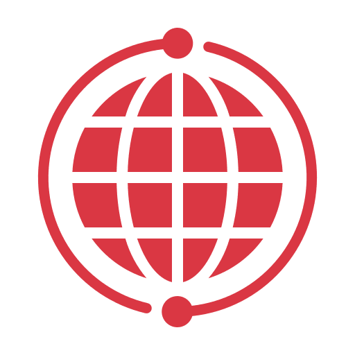 Red globe icon with grid lines on a red background.